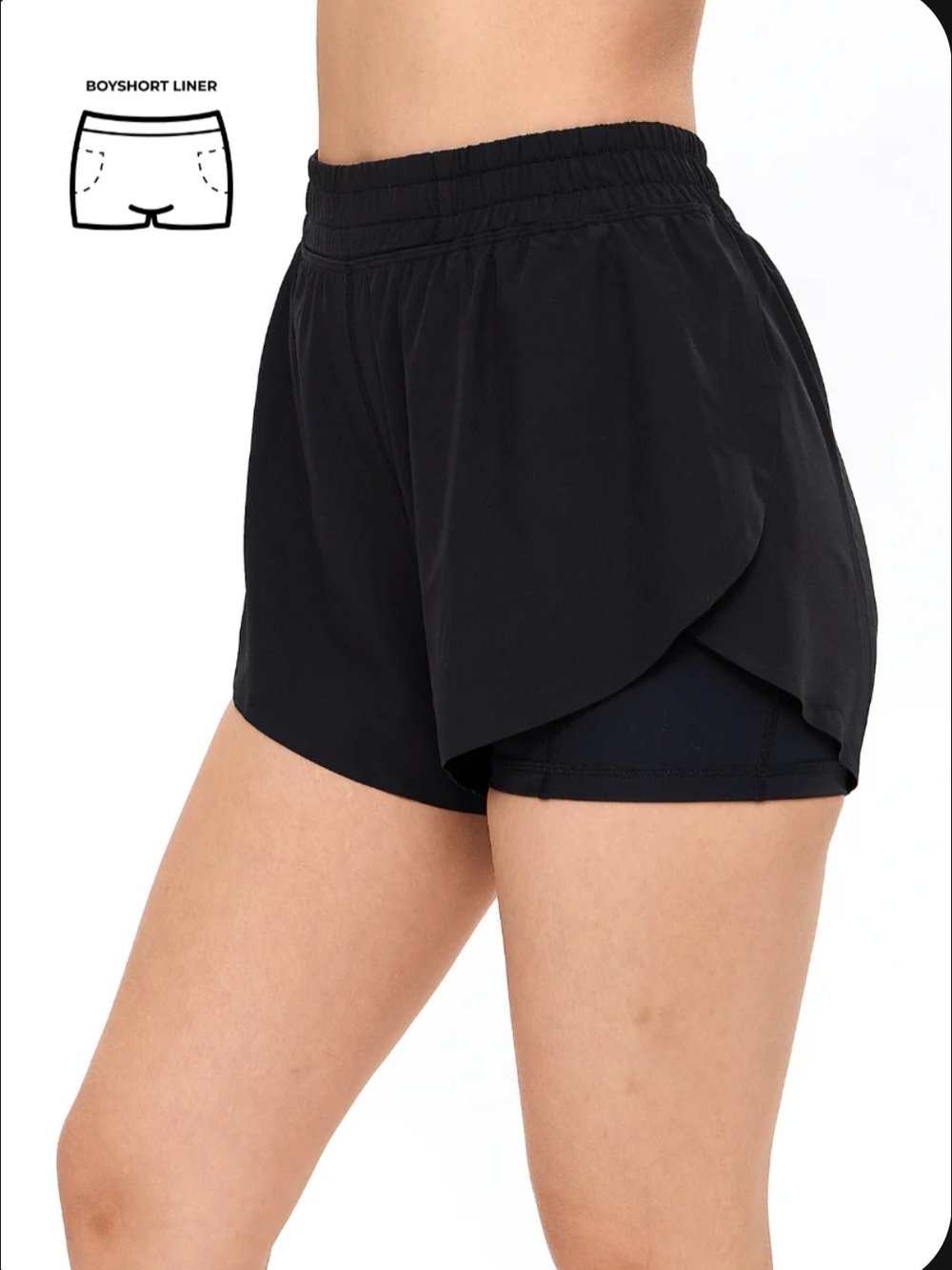 BuffBunny Flirty Flow Black Layered Athletic Shorts with Boyshort Liner